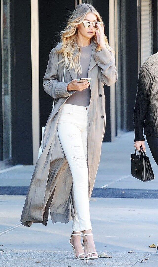 Gigi Hadid looking classy in a long-over coat.